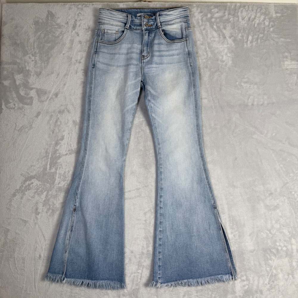 KanCan Flare Jeans Women 26 Light Blue High Rise Frayed Hem